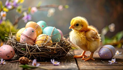 A springtime scene featuring a fluffy chick, decorated eggs, and a nest, highlighting the vibrant colors and gentle atmosphere of Easter.