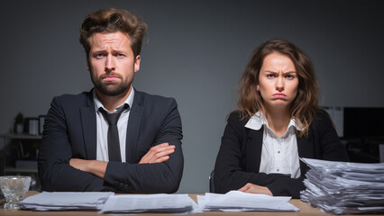 Frustrated colleagues sitting with arms crossed in workplace