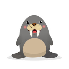 Cheerful walrus with cartoon flat vector character for game without background