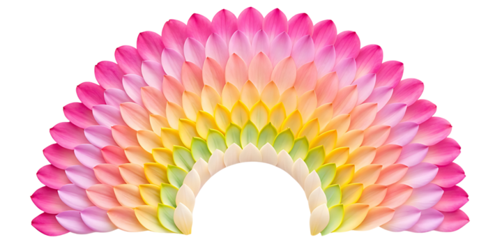 Peony petals arranged in a rainbow gradient arc shape transparent background