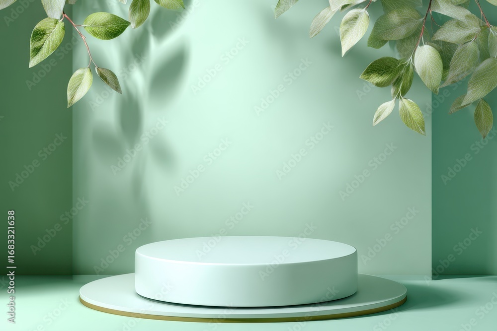 Poster empty podium or pedestal in elegant on pastel green gradient background with abstract leaf shadow ov