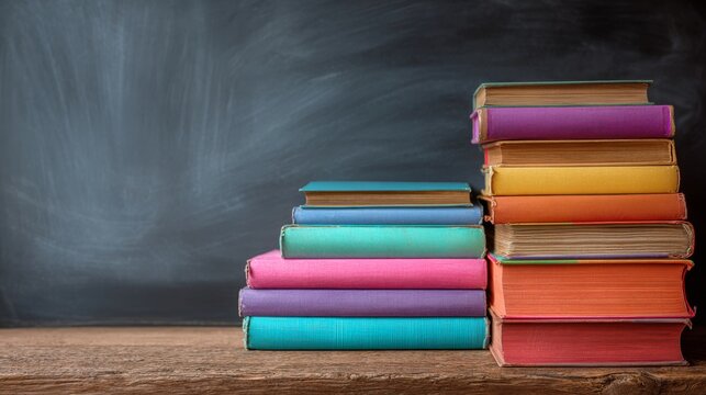 Stack of colorful books on wooden classroom table with chalkboard background, education and reading concept for learning, study, teaching, and academic back to school theme illustration - Powered by Adobe
