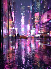 Fototapeta premium Rainy, neon-lit city street at night