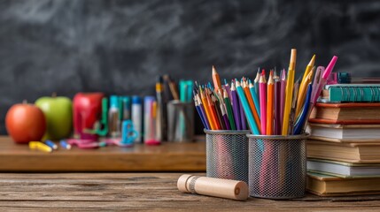 Back to school education concept with colorful stationery, stack of books and school supplies on wooden desk in classroom with blackboard background for learning, study, teaching and academic theme