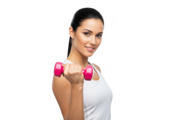 Fit woman exercising with pink dumbbell towards camera achieving fitness goals transparent background