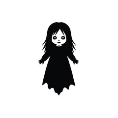 Black silhouette of a spooky doll with long hair haunted