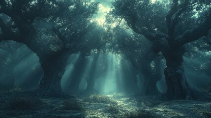 Fototapeta premium Mysterious, sunlit path through ancient olive grove, shrouded in mist.