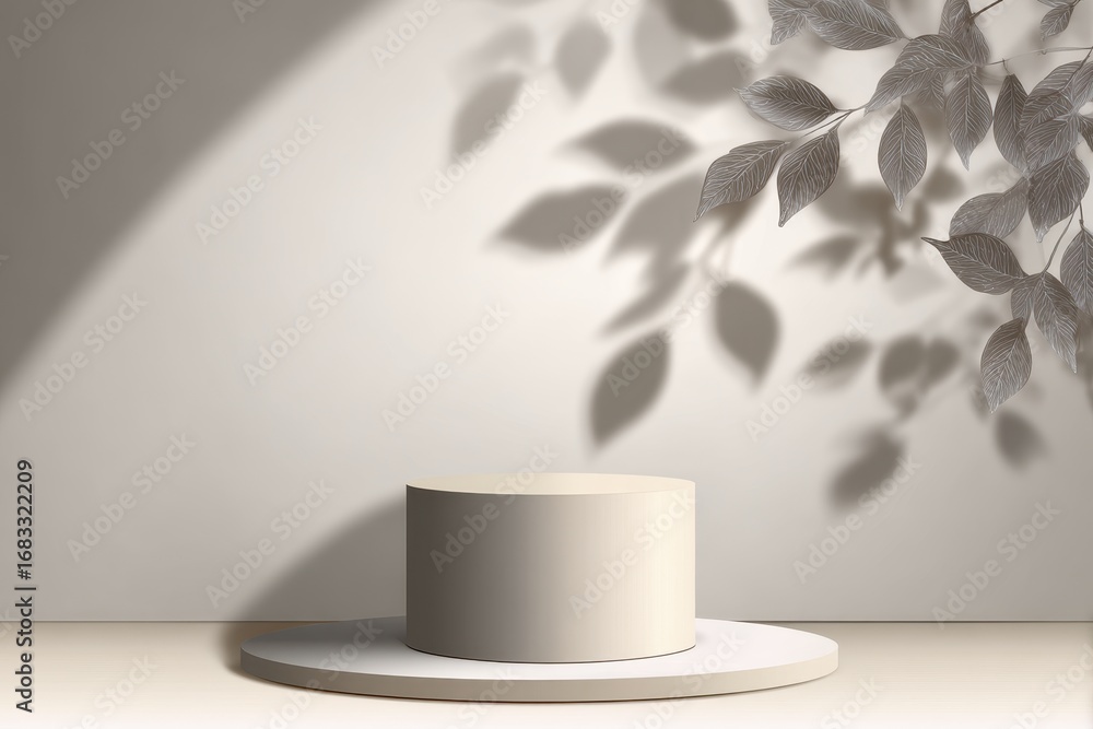 Poster empty podium or pedestal in elegant on white gradient background with abstract leaf shadow overlay, 