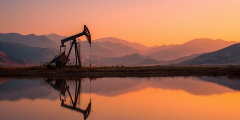 Oil pump jack at sunrise over mountains reflected in a calm pond