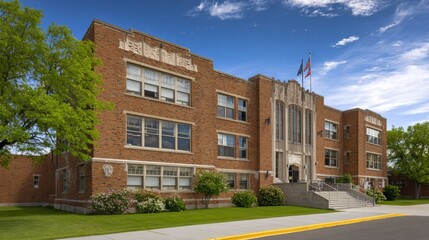 Fototapeta premium Modern exterior view of a typical american school building with brick walls, large glass windows, and green lawn under bright daylight