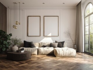 A living room with a couch, a coffee table, and a vase. The couch is white and has black pillows. There are two empty picture frames on the wall