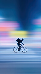 Obraz premium Cyclist courier riding bicycle at night with blurred colorful city lights and motion effect creating dynamic urban delivery scene