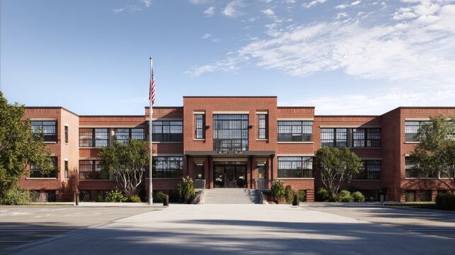Modern exterior view of an american school building with red brick walls, large windows, and wide entrance under clear blue sky, symbolizing education, learning environment, and community campus archi - Powered by Adobe