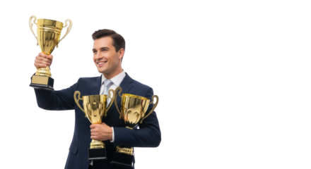 Businessman Holding professional Golden Trophies. businessman man Trophies executive Successful male