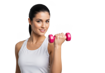 Fit woman with dumbbell confidently lifting weights for strength and health transparent background