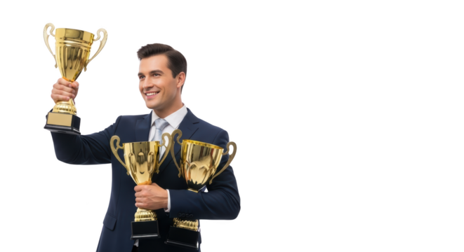 Businessman Holding professional Golden Trophies. businessman man Trophies executive Successful male