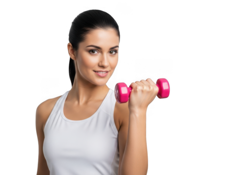 Fit woman with dumbbell confidently lifting weights for strength and health transparent background