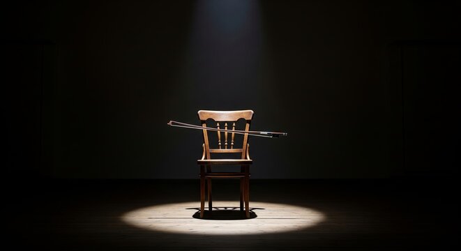 Violin bow on an empty chair in a spotlight on a dark stage
