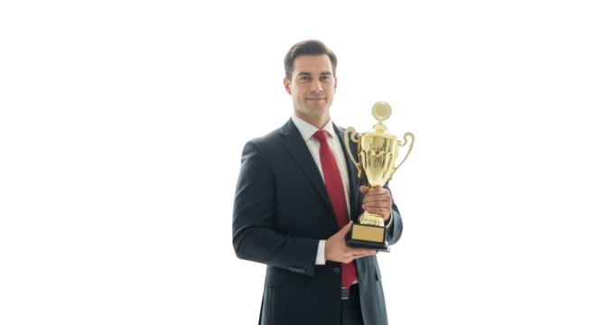 trophy Trophy. Businessman achievement award Golden Successful Holding Trophy winner success