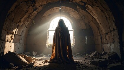 Cloaked Figure Standing in Old Stone Structure Lit by Sunlight