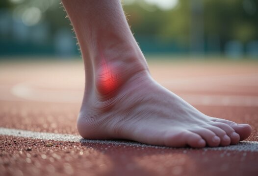 Toma enfocada de un tobillo torcido, con la piel inflamada y un fondo borroso en el campo deportivo