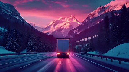 A vivid digital artwork depicting a truck on a snowy mountain road during twilight. The truck is illuminated with a bright blue light, contrasting with the surrounding snowy landscape.