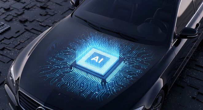 Artificial intelligence powered car futuristic technology and driving innovation concept