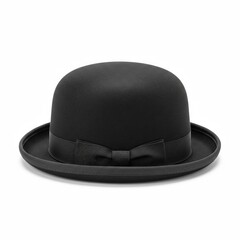 Black bowler hat with ribbon on a white background
