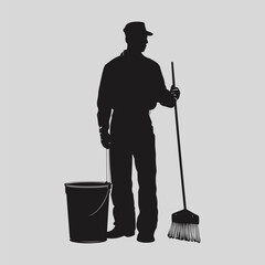 Janitor Holding Broom Trash Simple Icon Collection, Cleaning Man Drawing Clip Art Black Graphic Clothing Vector Design