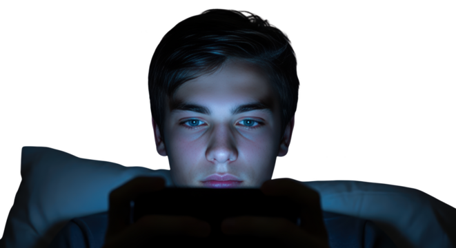 a boy night blue tablet with using young on eyes bed youth in teenager