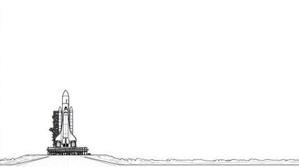 Obraz premium A minimalist line drawing depicts a space shuttle on a launchpad against a stark white background, leaving ample empty space to the right