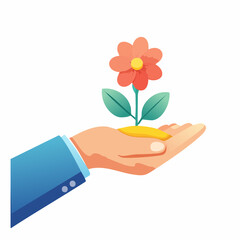 Hand Holding Small Plant with Flower Illustration