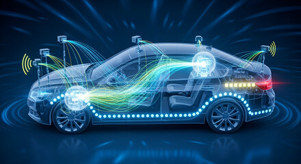 Autonomous vehicle technology depicted with sensors and data streams in future transport