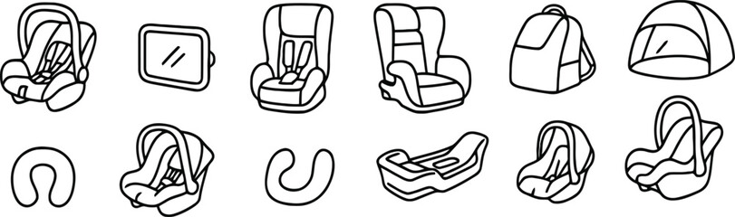 Collection of hand drawn car seats and baby carriers for transportation safety