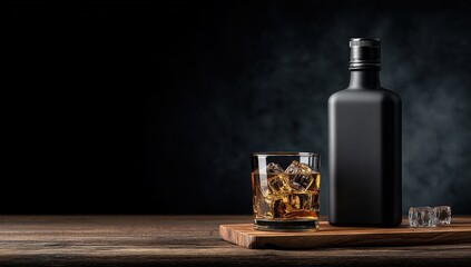 Dark spirit bottle and ice-filled glass on a wooden surface