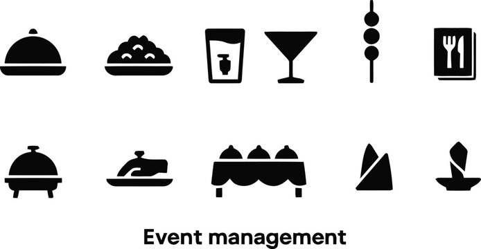 Collection of black icons representing catering and event planning services
