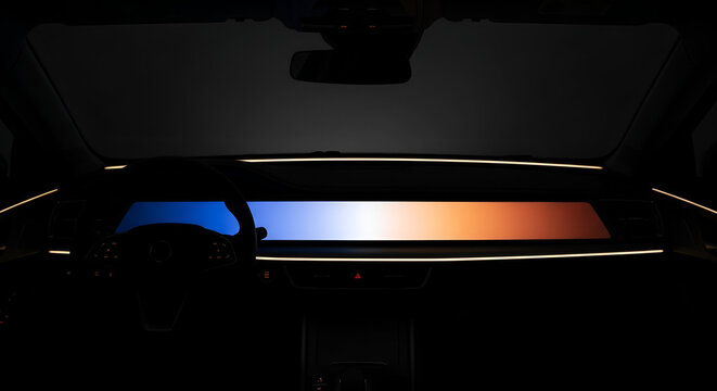 Futuristic car interior showcasing advanced display technology and ambient lighting effects