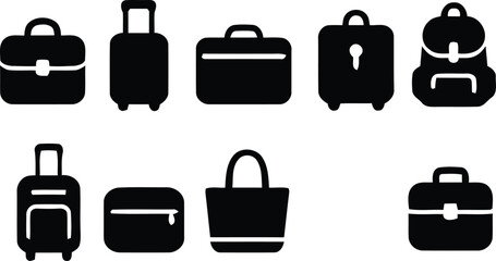Collection of various black luggage and travel bag icons in a clean silhouette style