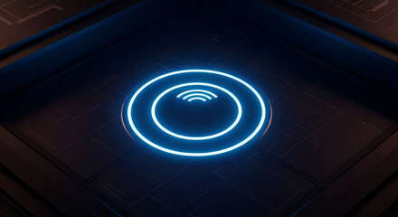 Radiant circular beacon on a textured dark surface hinting at futuristic technology