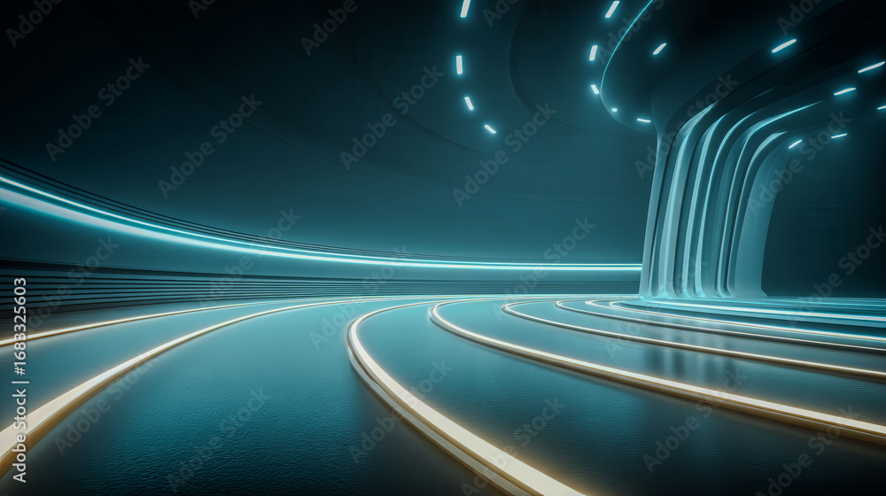 Poster a large, empty tunnel with a blue and white light shining down on it. the tunnel is long and narrow,
