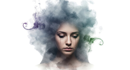 girl portrait Portrait Smoke Hair female Portrait. Emotional Woman Crying face woman