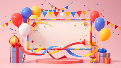 Party Scene with Balloons, Banners, and Gift Boxes