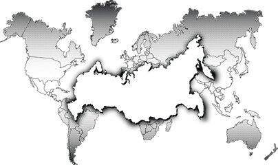 Halftone World Map Vector Illustration in Black and White highlighting Russia. Vintage Retro Dotted Global Map Design for Posters, Backgrounds, Presentations, Infographics, Editorials, Branding