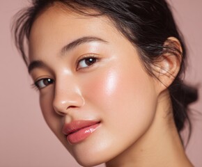 Fototapeta premium Close-up portrait of a woman with radiant, glowing skin and subtle blush, highlighting healthy and beautiful complexion against a soft pink background.