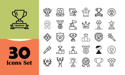 Thirty Line Icons Set Trophy Award Winner Success Achievement