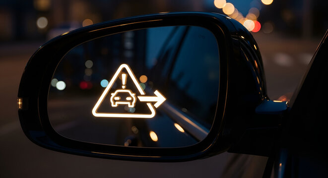 Vehicle blind spot warning indicator displayed in a car's side view mirror at night providing