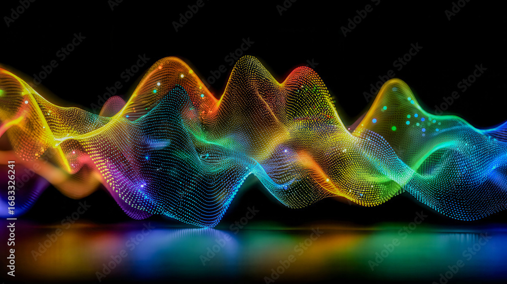 Poster a colorful wave of light is projected onto a dark background. the colors are vibrant and the wave ap
