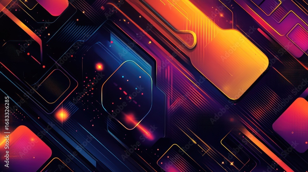 Poster abstract circuit design with glowing lines and geometric shapes in vibrant colors, futuristic