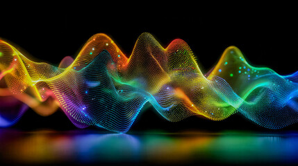 A colorful wave of light is projected onto a dark background. The colors are vibrant and the wave appears to be moving. Scene is energetic and dynamic