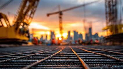 Construction site at sunset.  Close-up on reinforcement steel